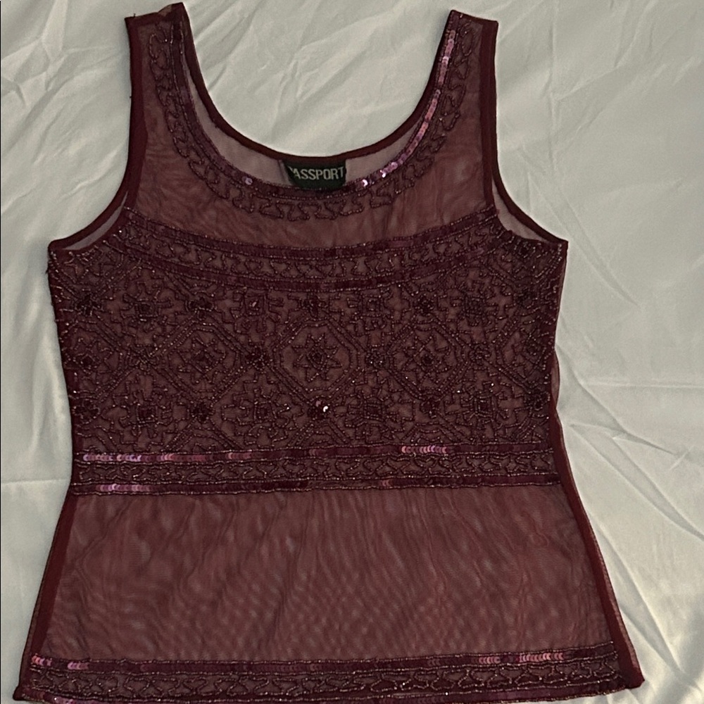 Passport  Vintage 90s Burgundy Beaded and Sequined Embellished Sheer Tank Top - Picture 11 of 14
